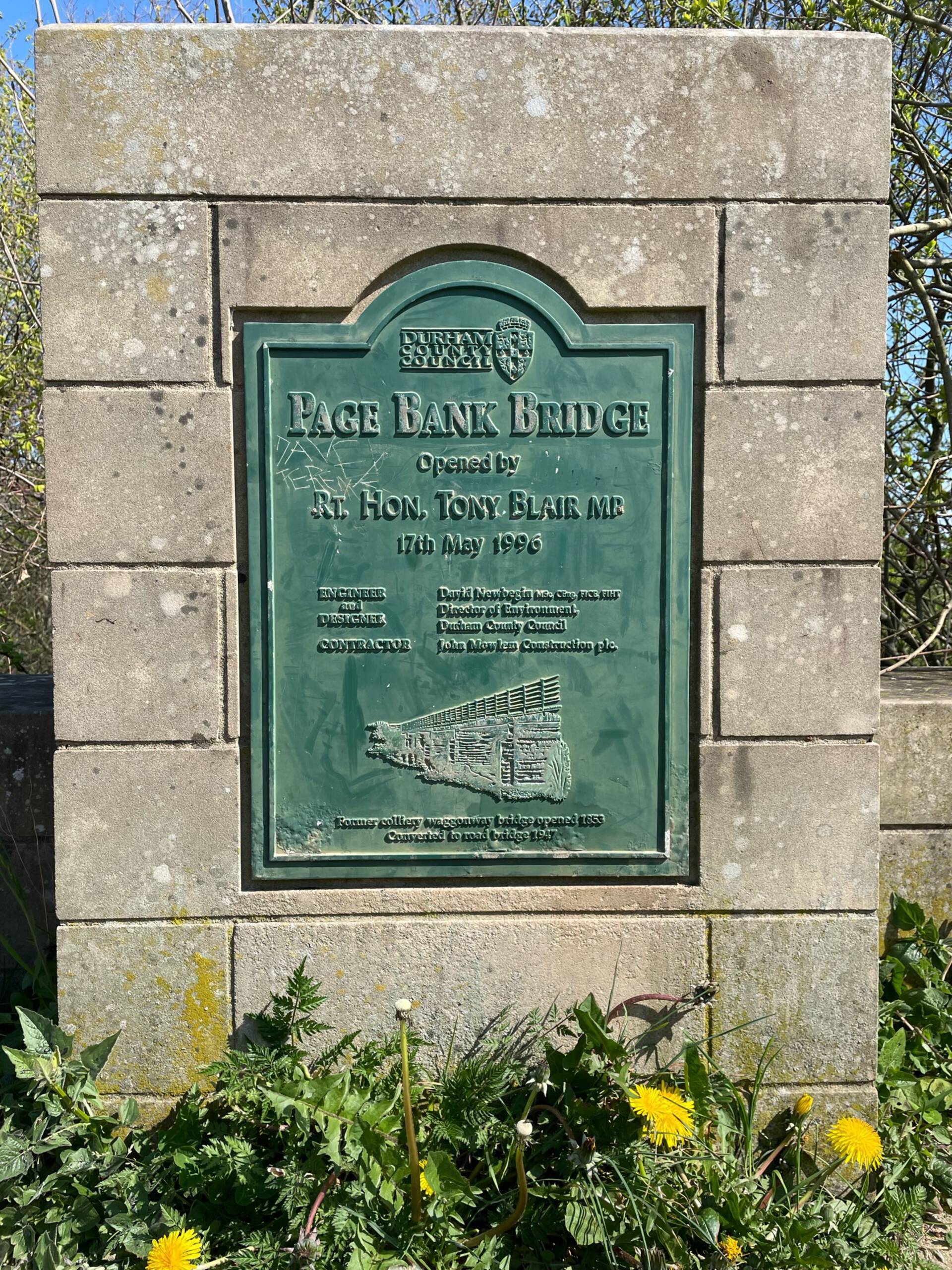 The commemorative plaque at Page Bank Bridge