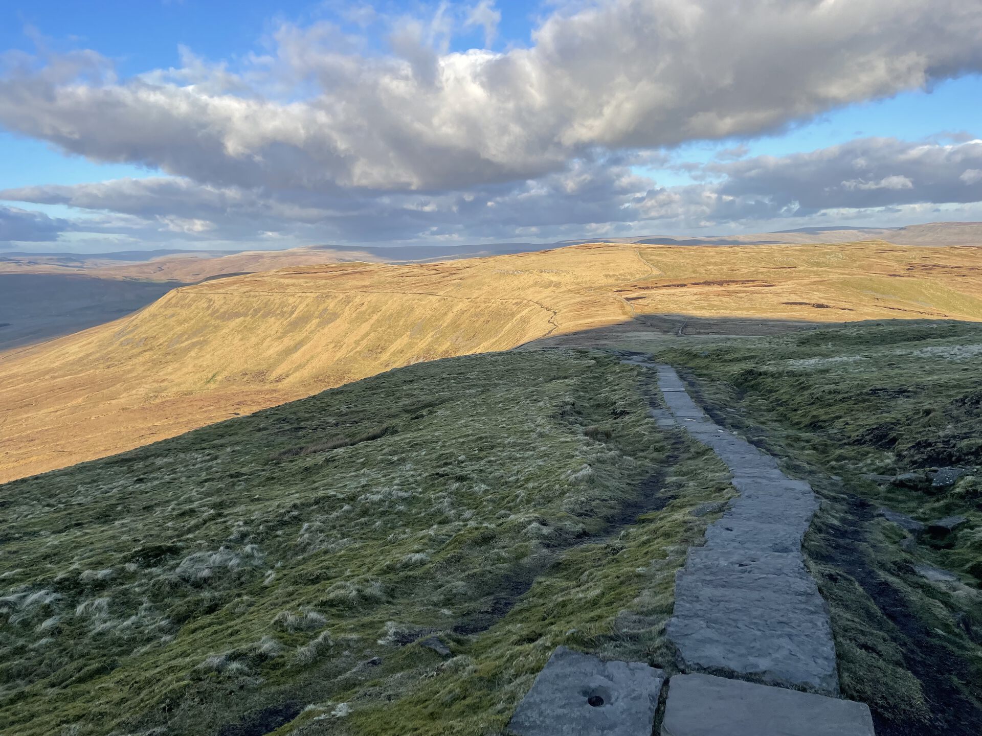 The descent from Ingleborough drops steeply off the escarpment on the left