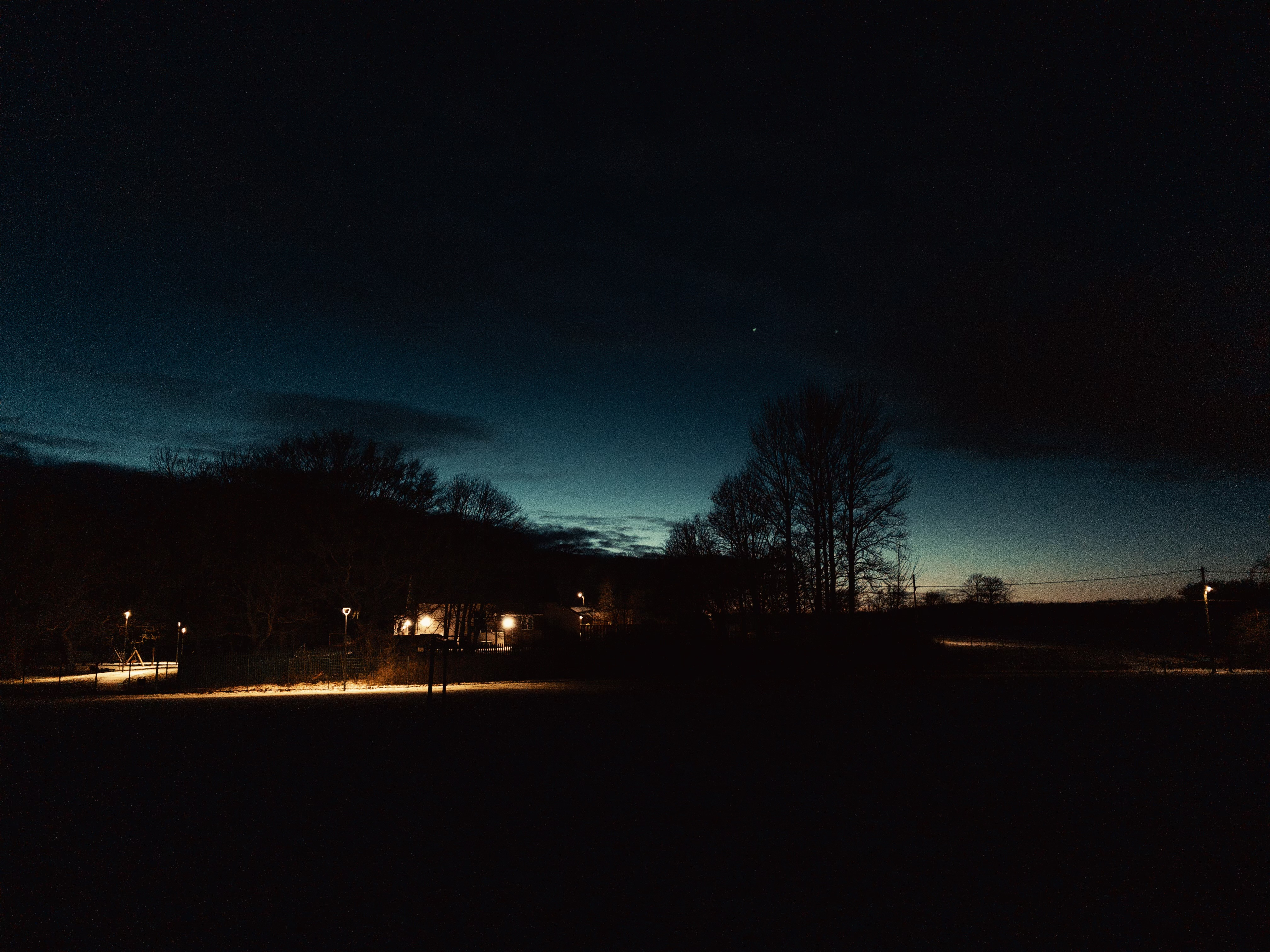 The last light of day setting behind some leafless trees, streetlights lining a path crossing the frame, dark in the foreground