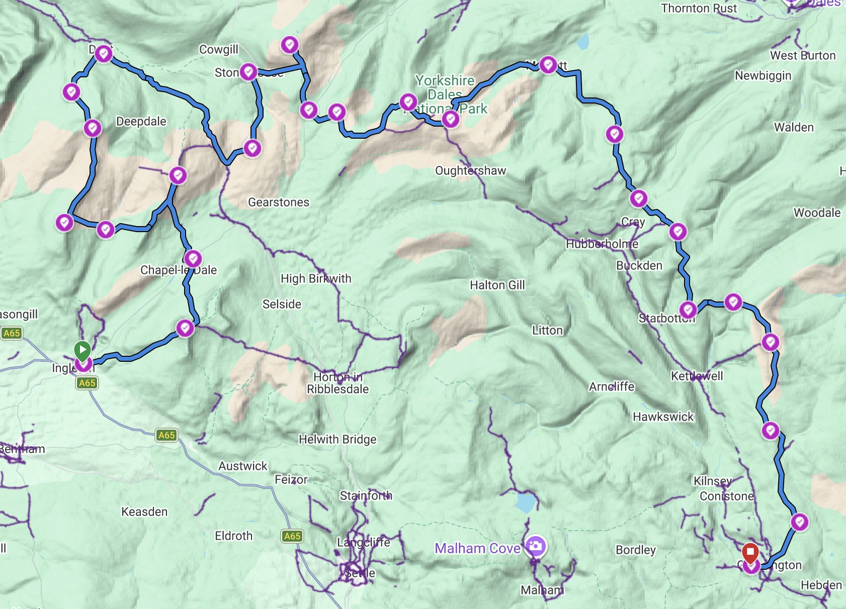 A screenshot of a GPX track through the Yorkshire Dales, with purple checkpoints at intervals along the way