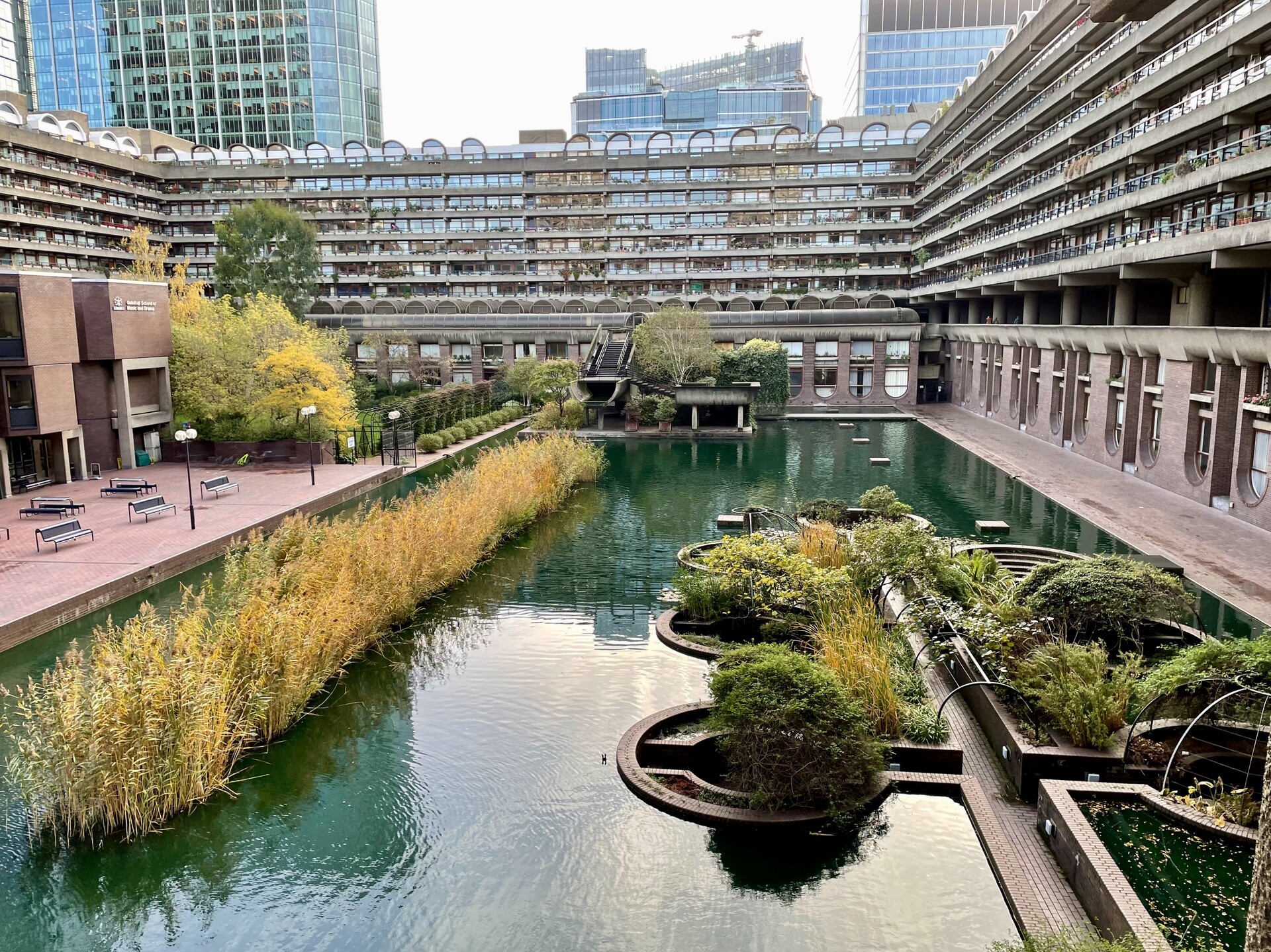 The lake at the centre of the Barbican Centre, with the brutal concrete buildings all around and hung with greenery.