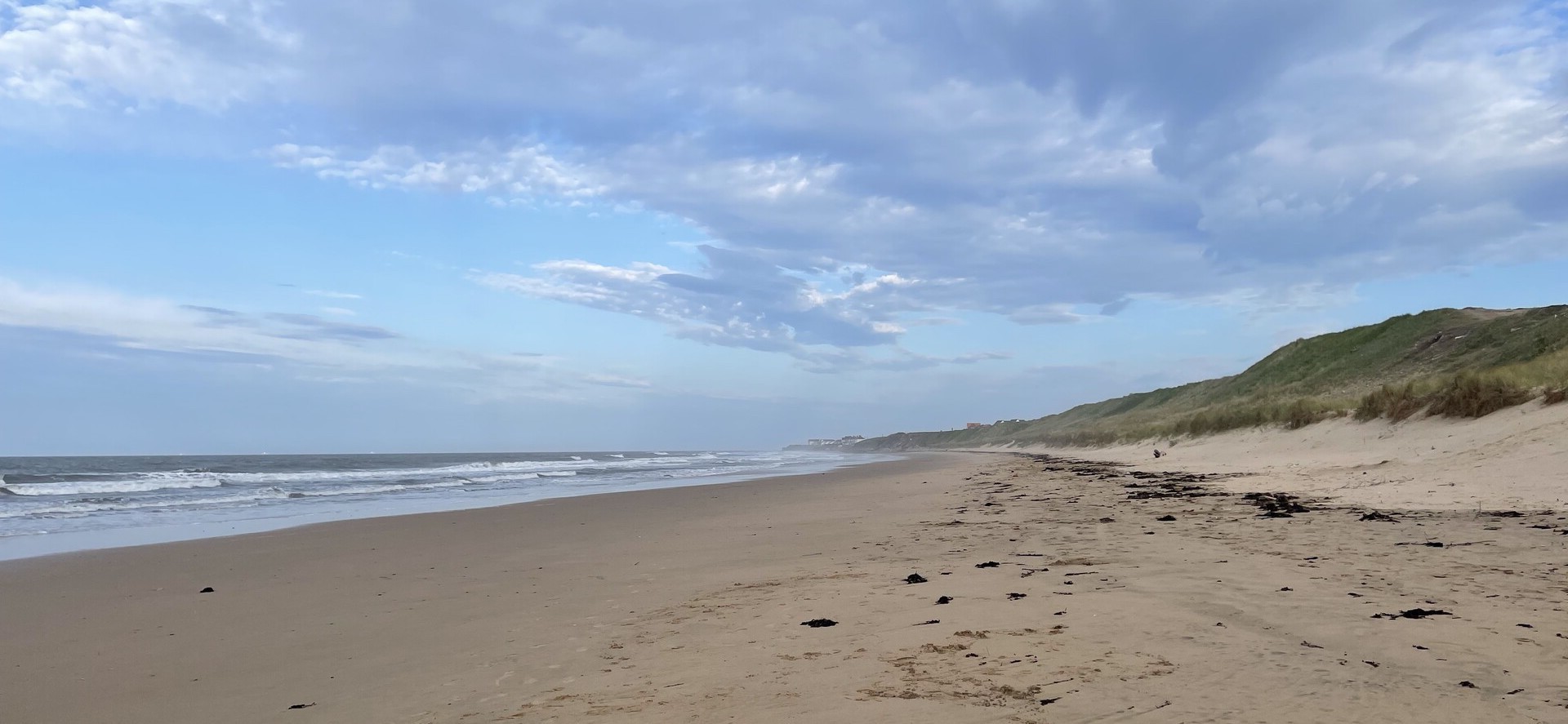 Looking down a long, empty beach