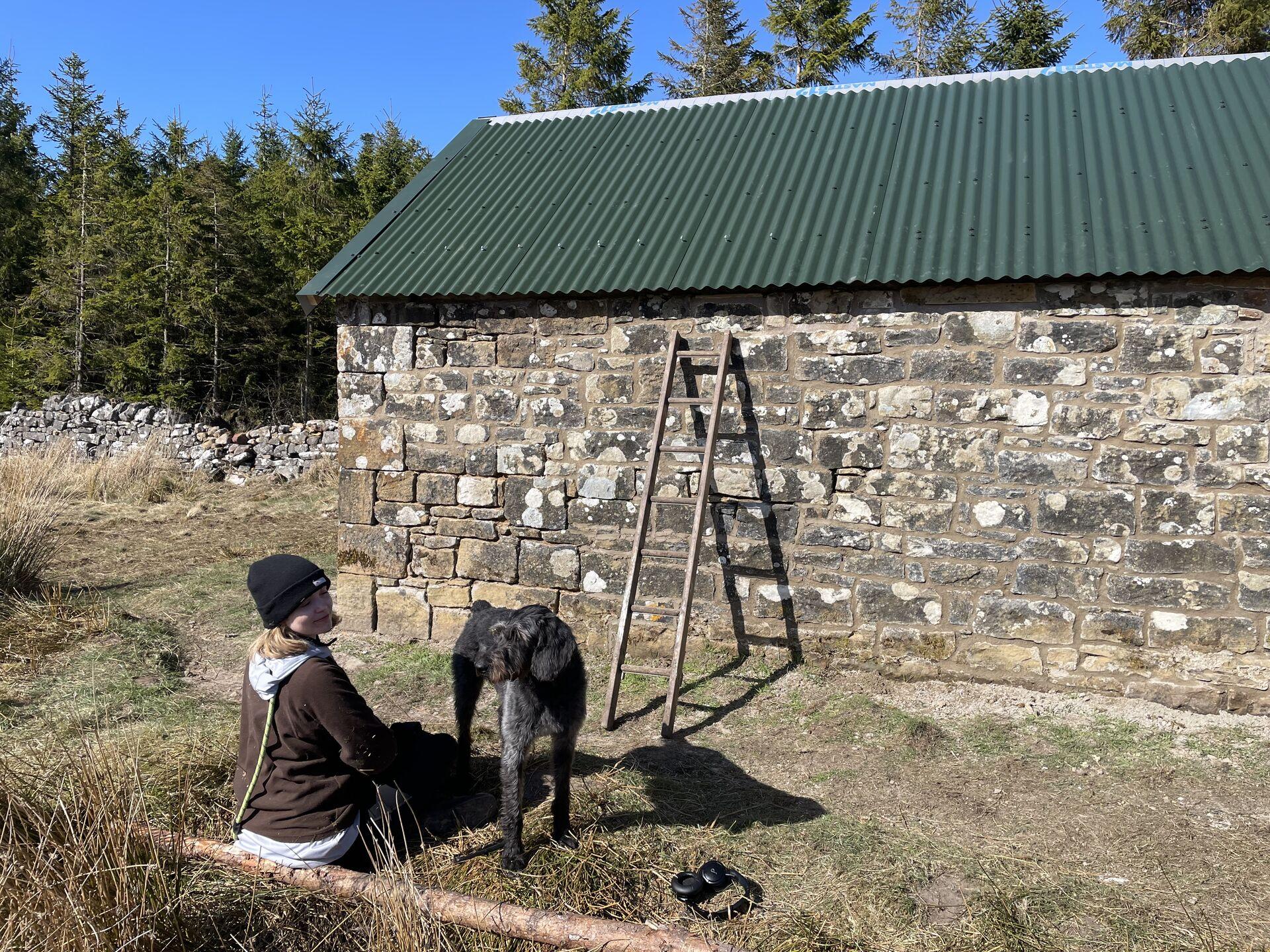 A girl and a dog sitting by the side of a stone-built bothy with a tin roof. A ladder leans up against the stone wall of the building