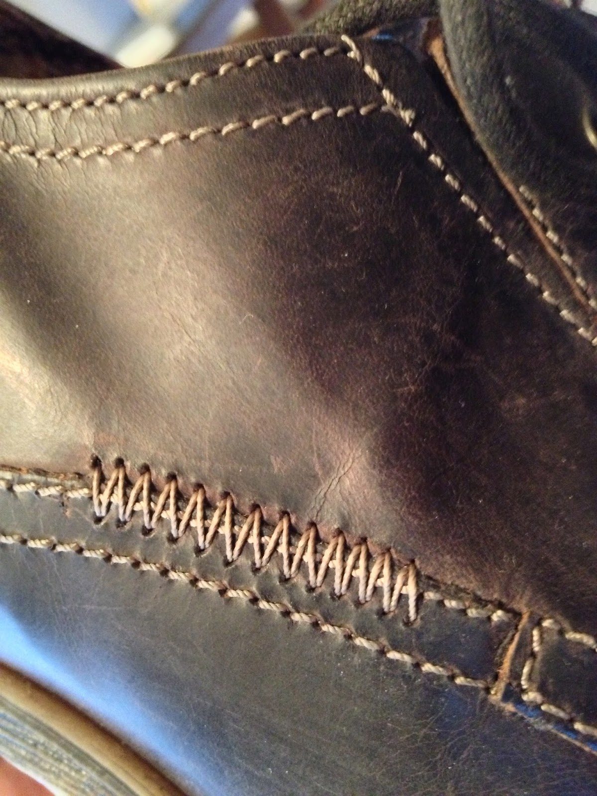 A zigzag stitching pattern on the side of a leather boot