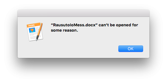 A dialog indicating that a docx file can't be opened in Pages