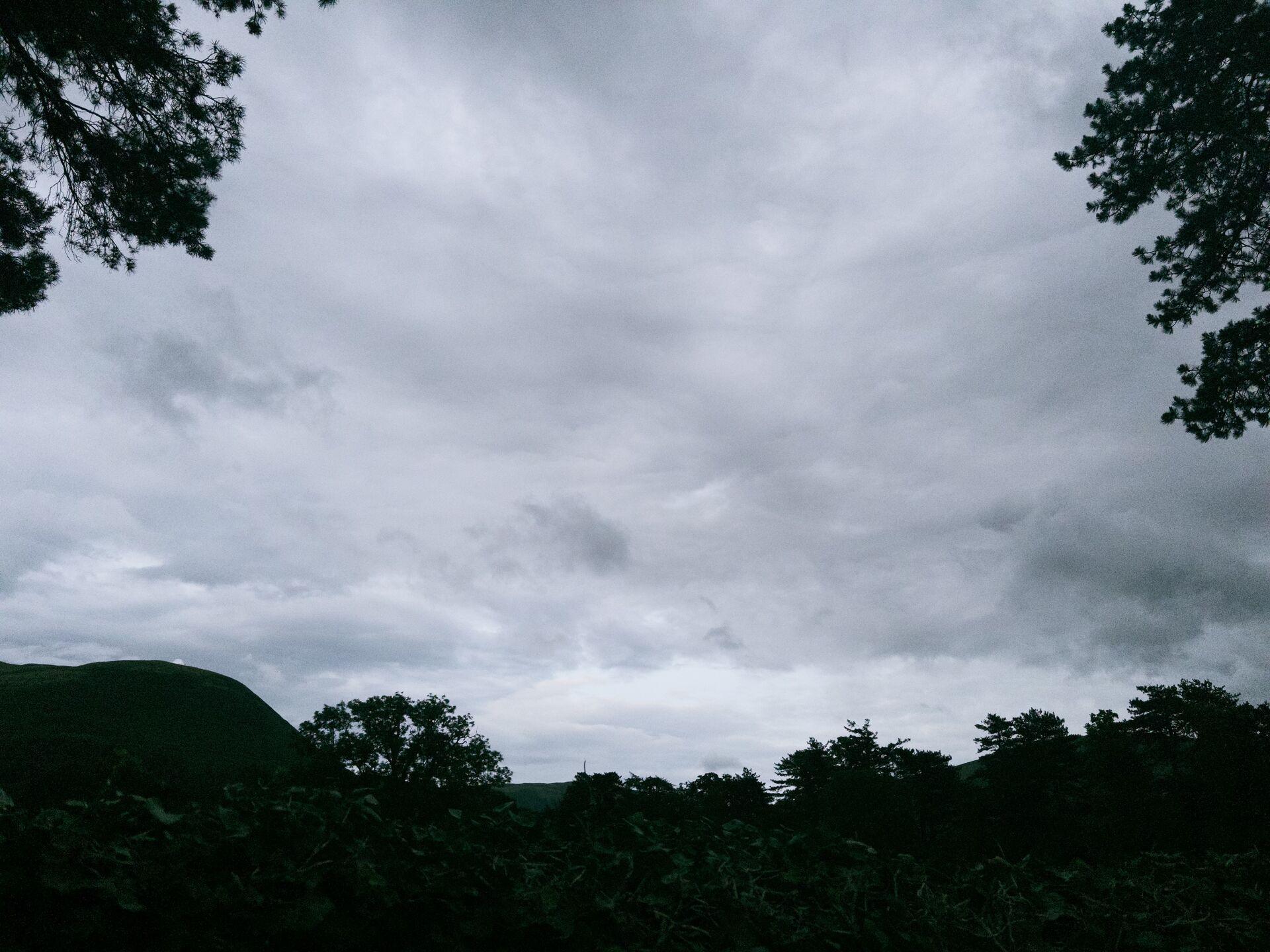 An overcast sky filled with grey clouds above a silhouetted treeline and a rounded hill in the background.