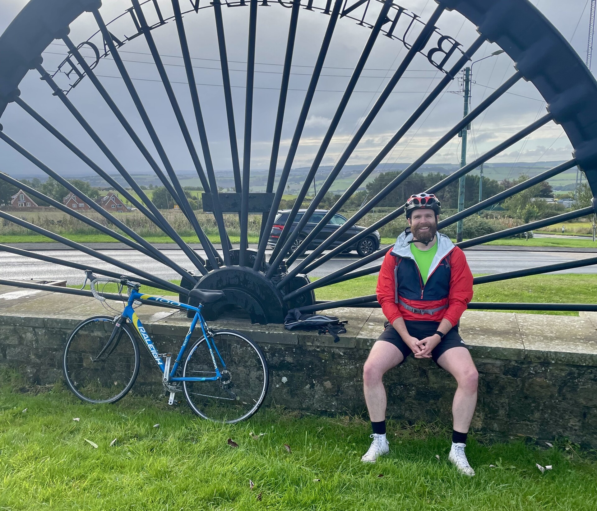 Me, with the pit wheel, outside of Burnhope, County Durham