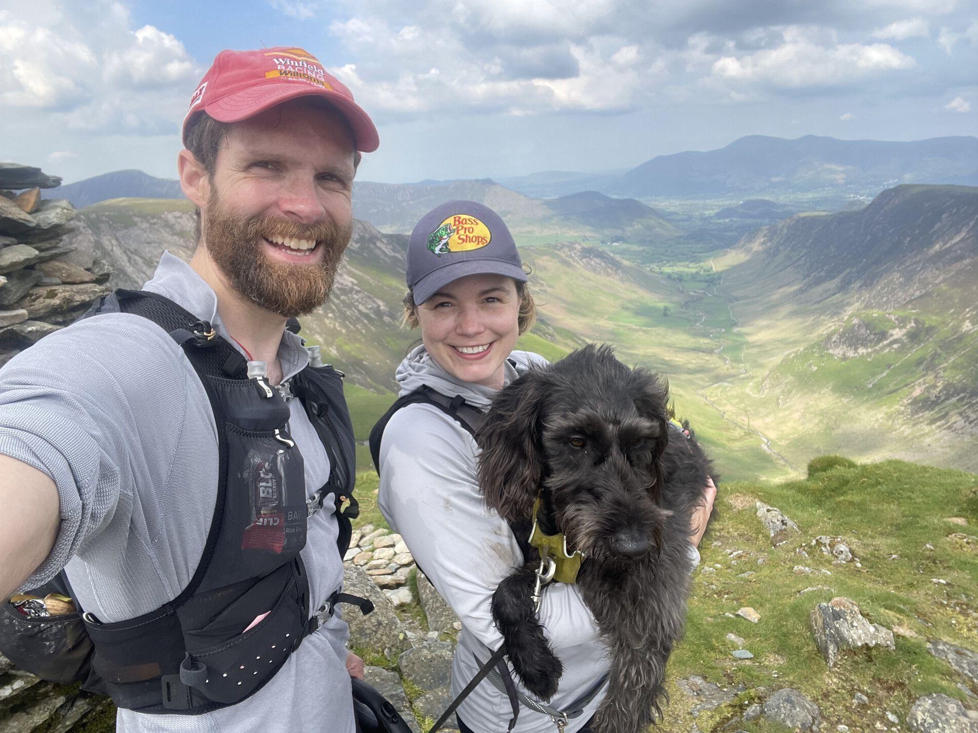 Ghyll, Sam, and I at the top of Dale Head in the Lake District, looking down the dale towards Littletown