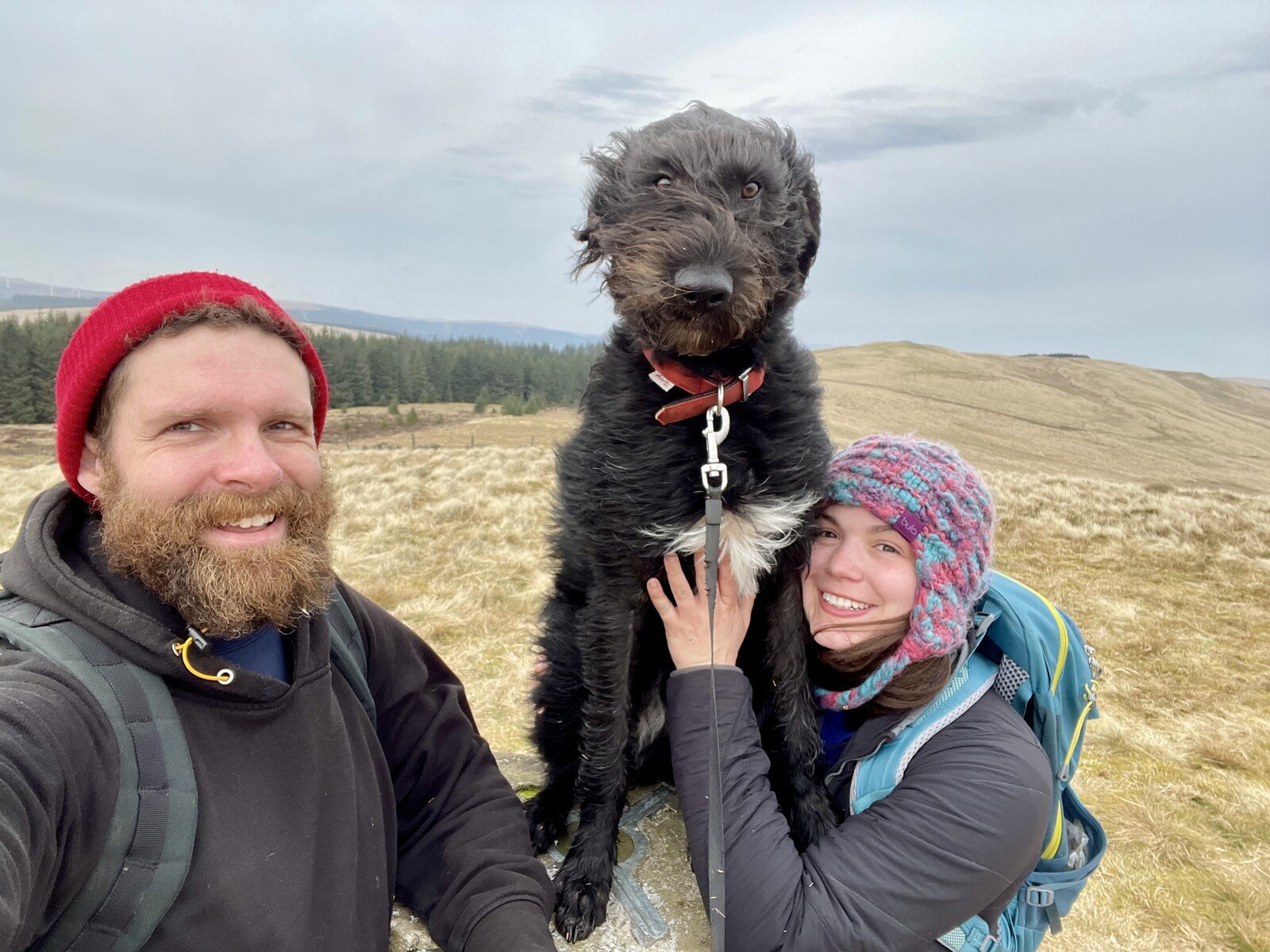 Sam, Ghyll, and me at the rim of Devil's Beef Tub near the source of the River Tweed