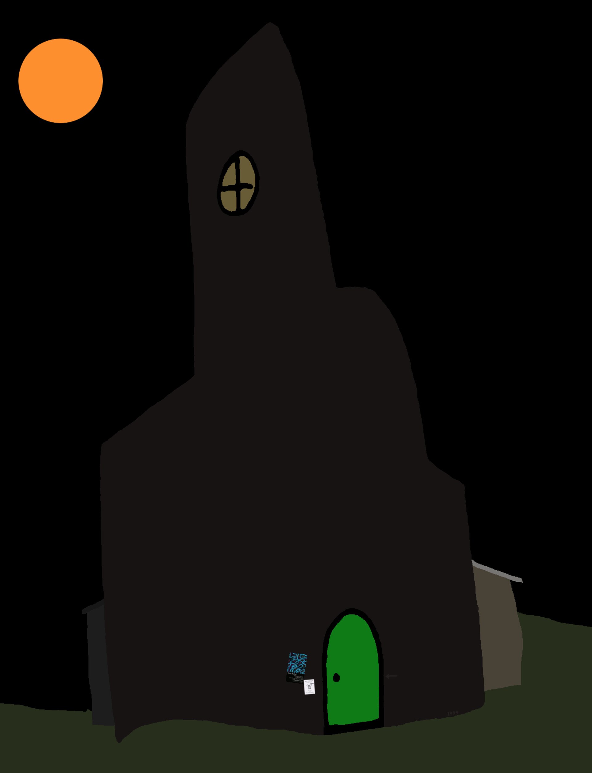 The eponymous "spooky castle": an MS Paint style picture of a dark lump of a castle with a little green door at the bottom
