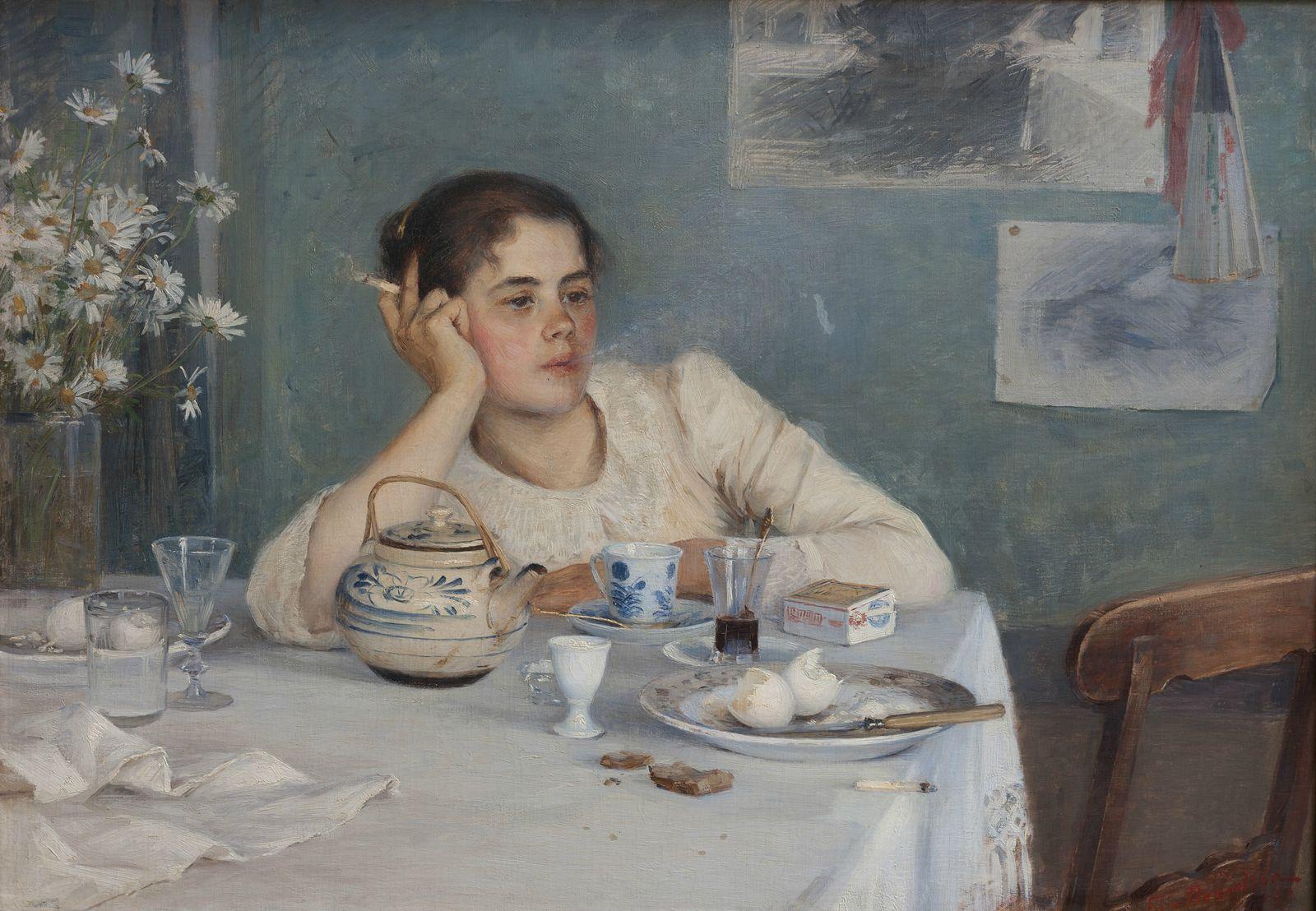 A painting of a woman smoking and staring into the distance, leaning on her elbow on a breakfast table with some tea and eggs, staring into the middle distance