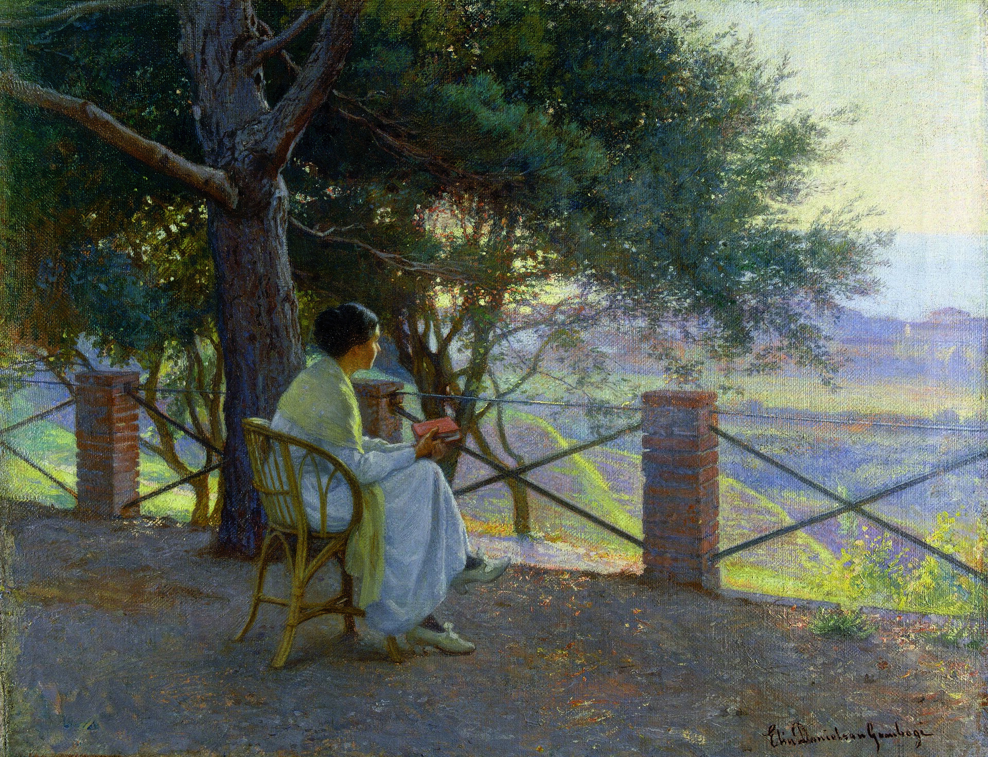An oil painting of a woman sitting on a chair, with a book in her hand, overlooking a landscape of green and purple