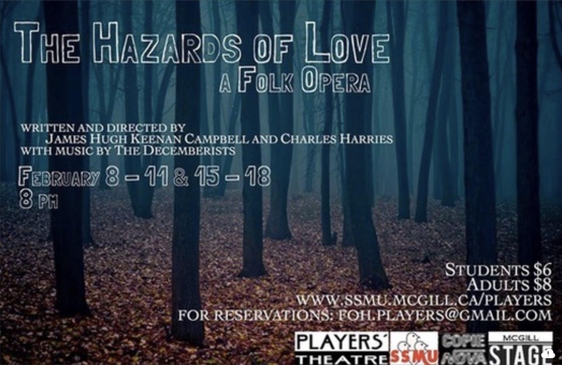 A show poster for The Hazards of Love, by James Campbell and Charles Harries