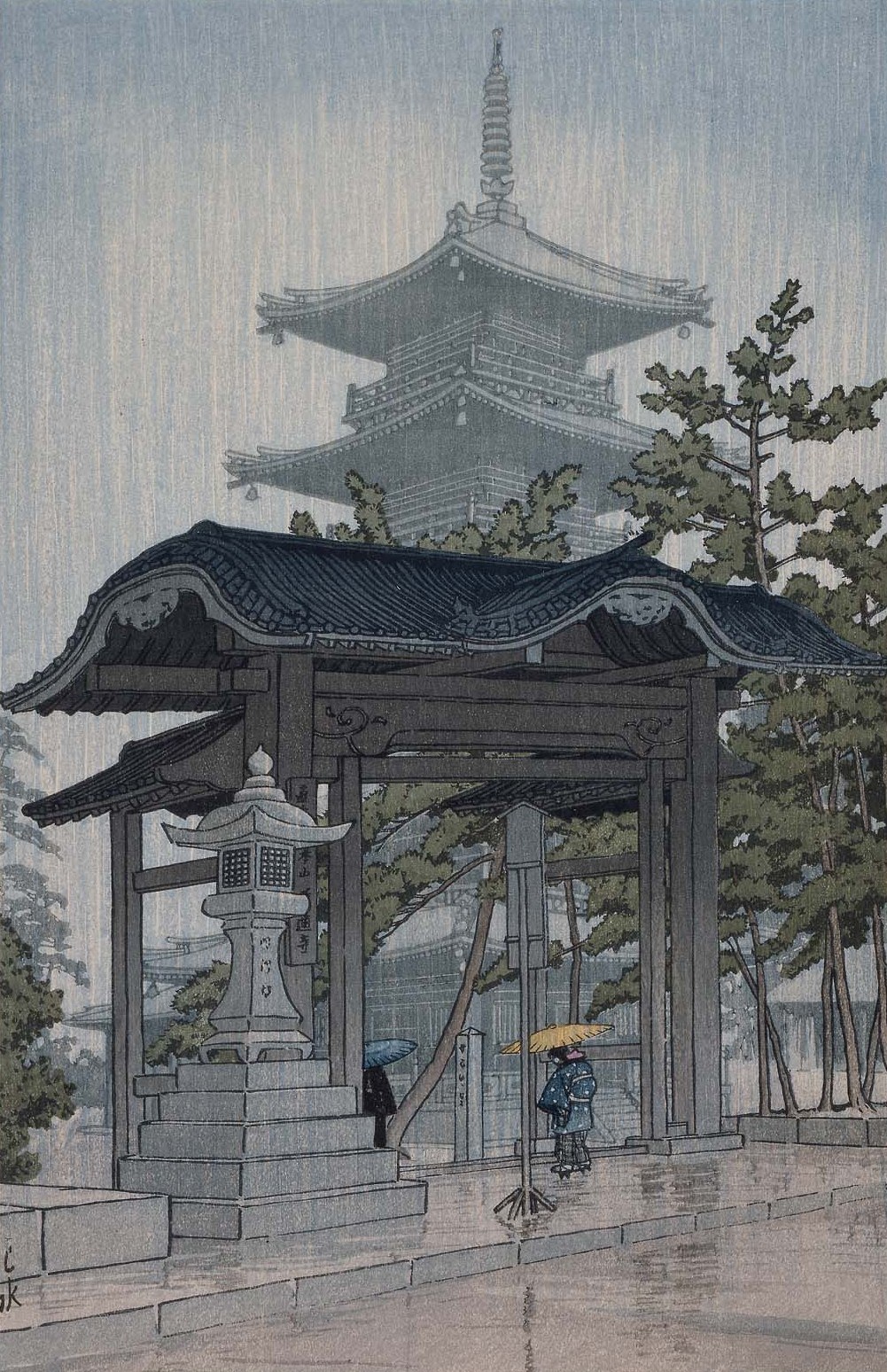 Woodblock print of two people taking shelter from the rain under the gate of a Buddhist temple