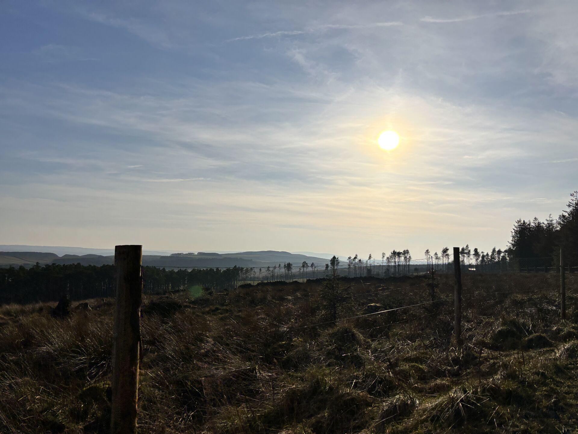 Sunset over a grassy landscape with distant hills and trees, framed by a wooden fence post in the foreground.