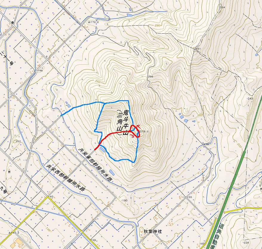 A map of the route I took up Kitoushi-yama, with an alternate route marked in blue.