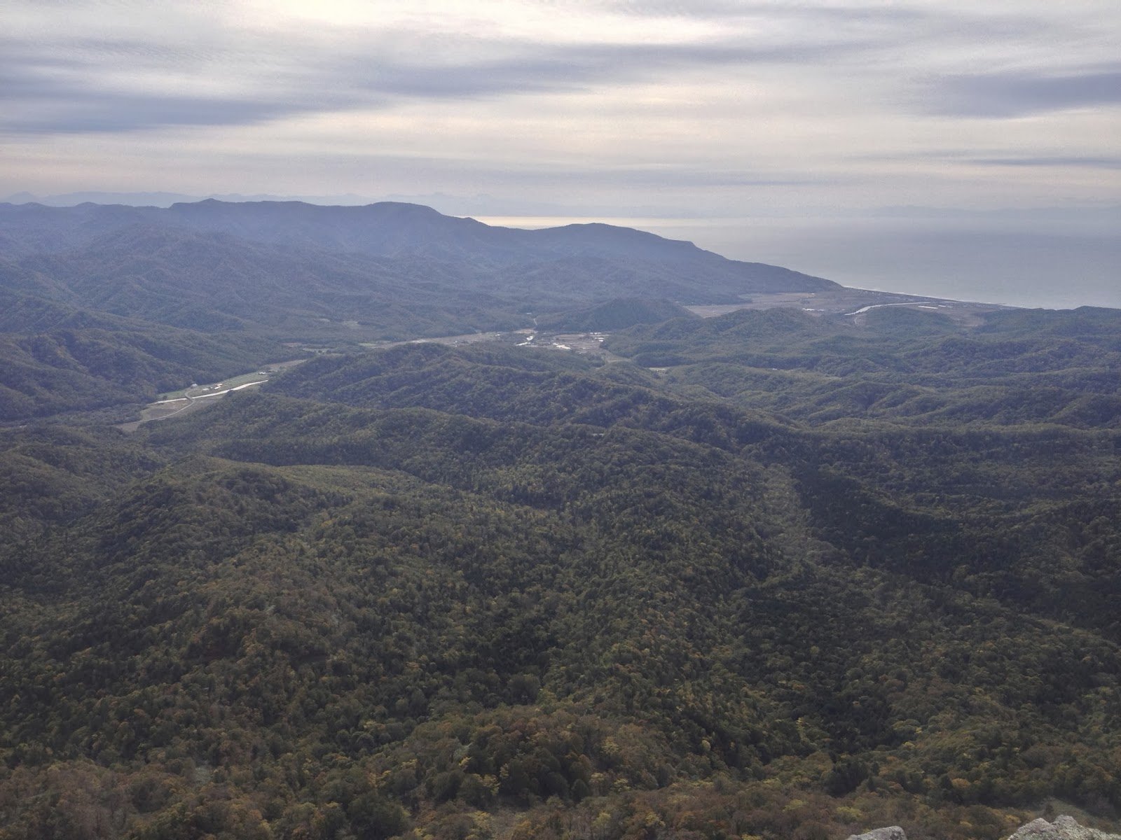 A vista of forested mountains spreading down to the seashore, with a little village nested up against the beach