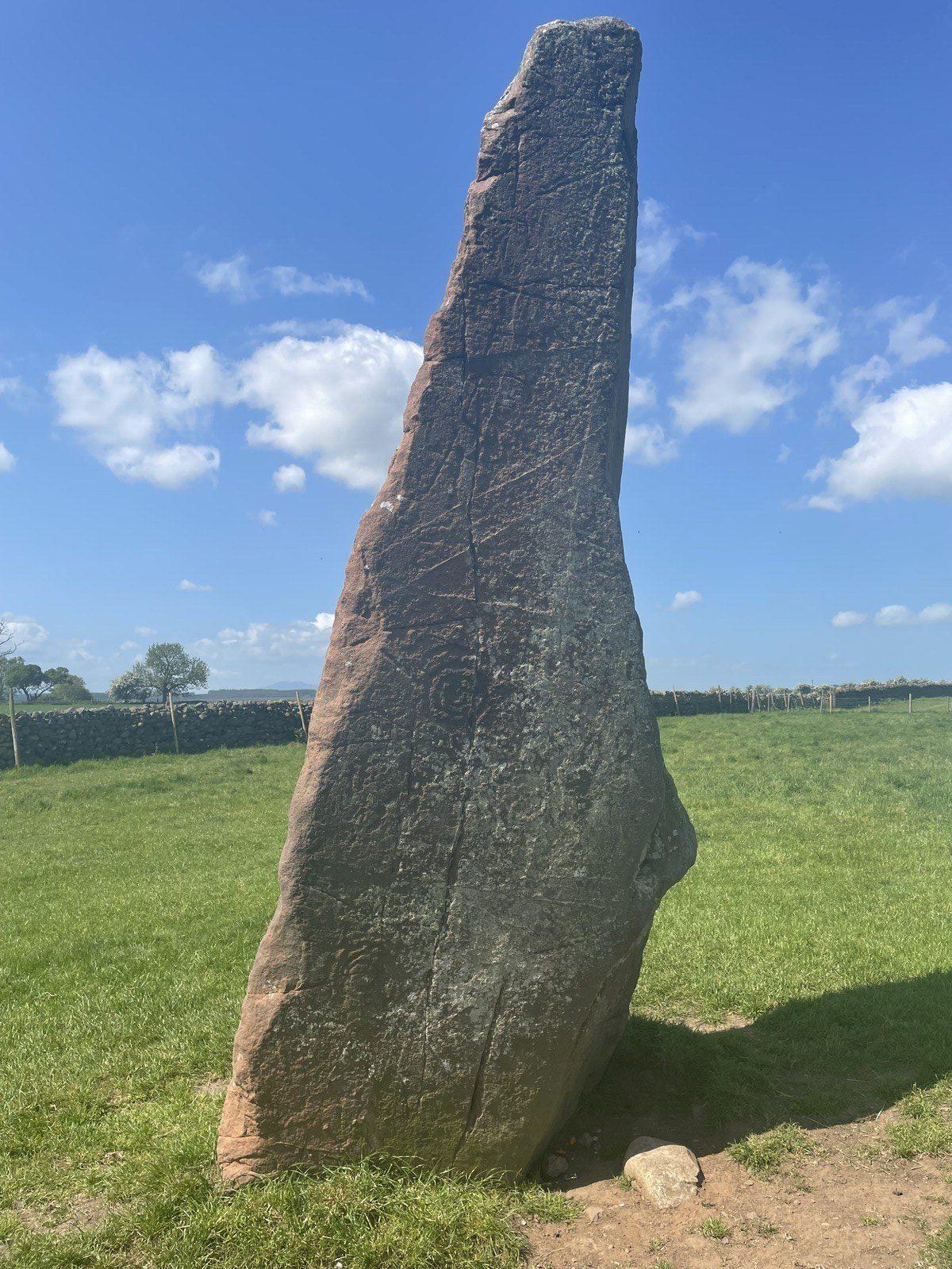 Long Meg, a tall standing stone in the Eden Valley in the foothills of the Pennines, inscribed with all sorts of arcane symbols