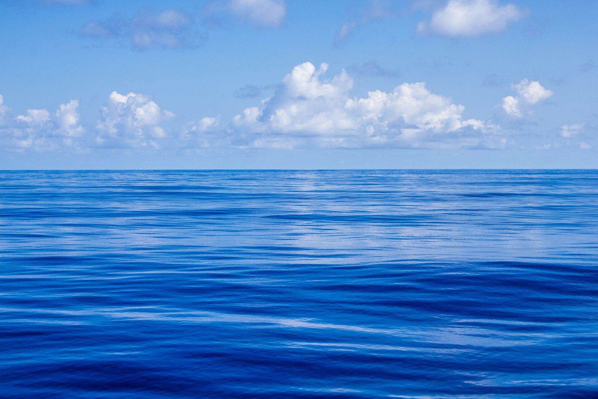 The blue ocean, gently rolling waves, blue sky and cumulus clouds in the distance