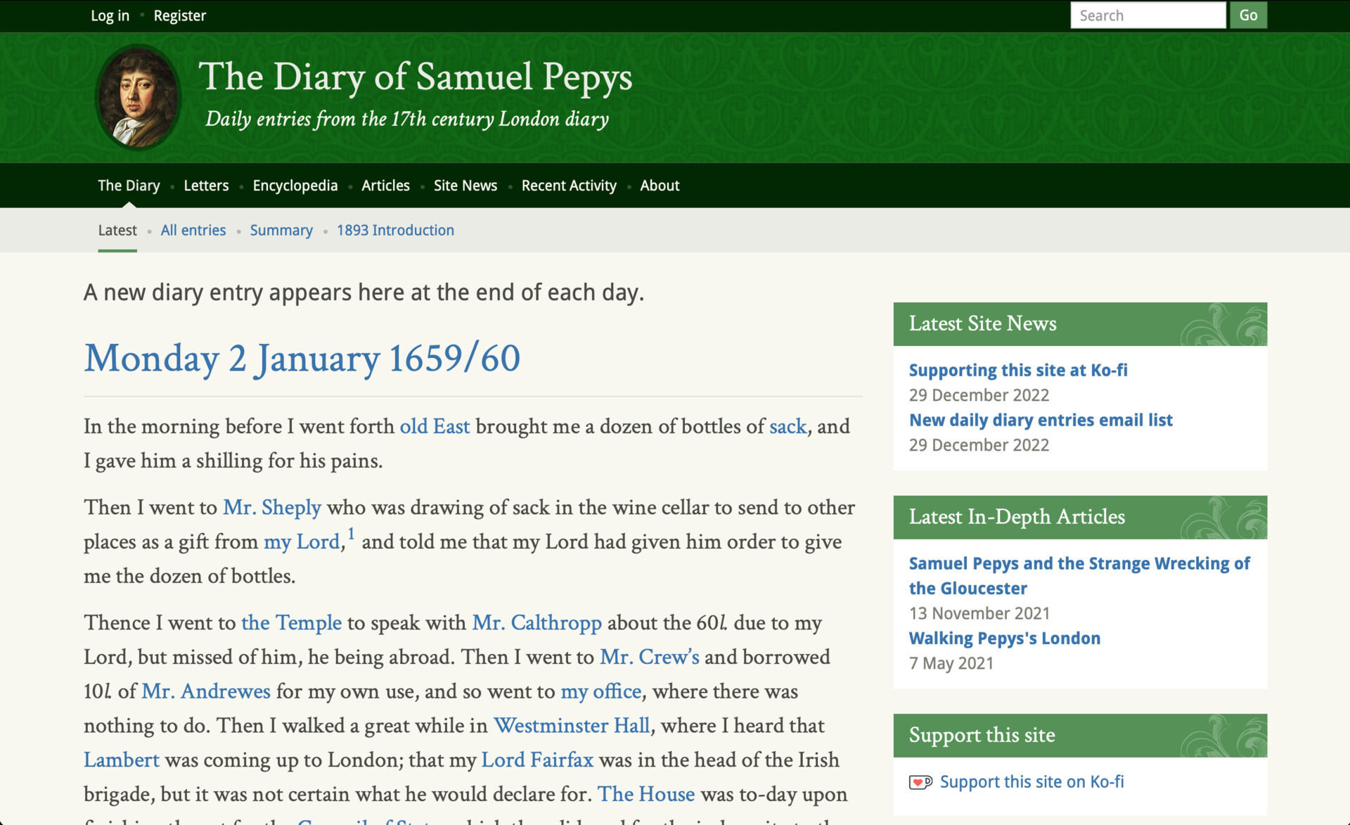 A screenshot of The Diary of Samuel Pepys homepage.