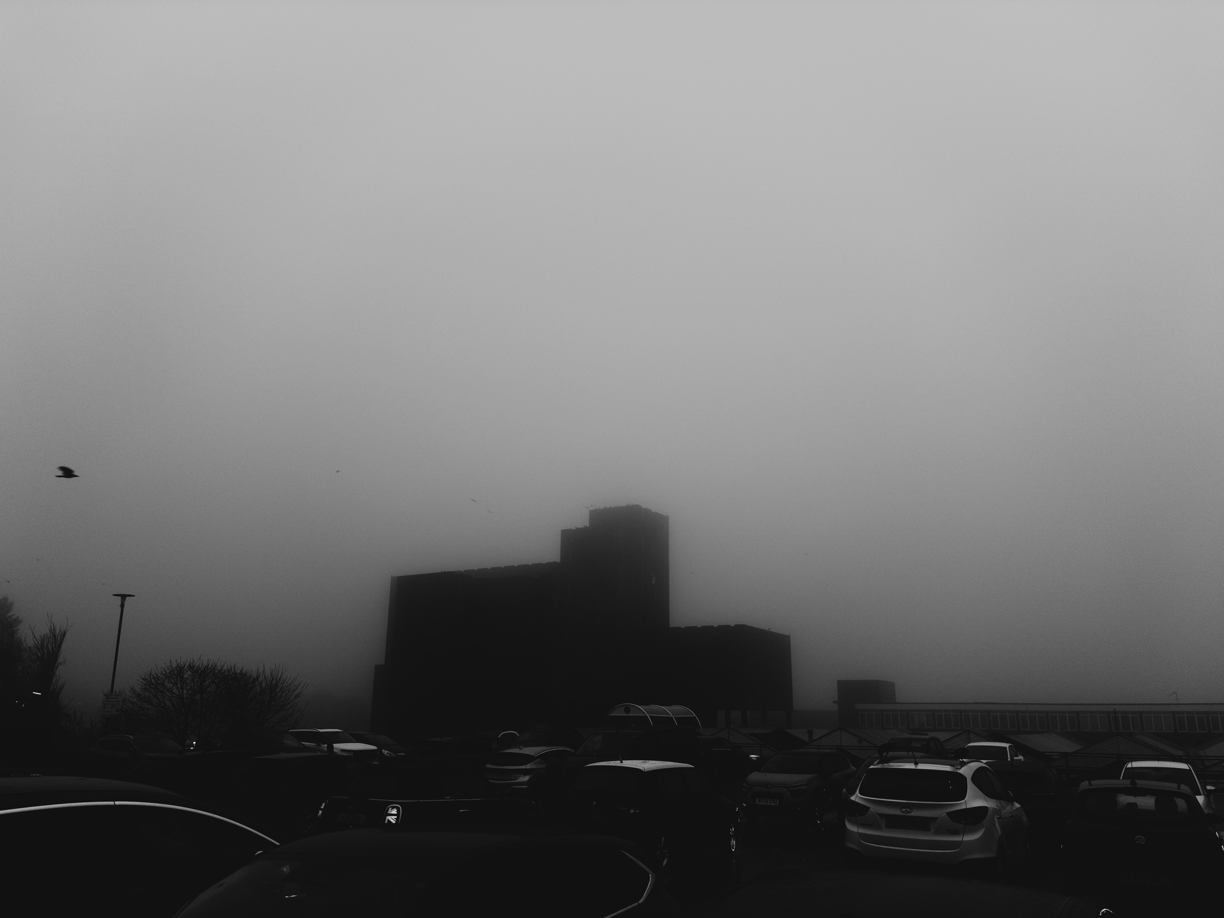 The spooky black-and-white outline of a building partially obscured by fog, with a bunch of cars parked in the foreground.