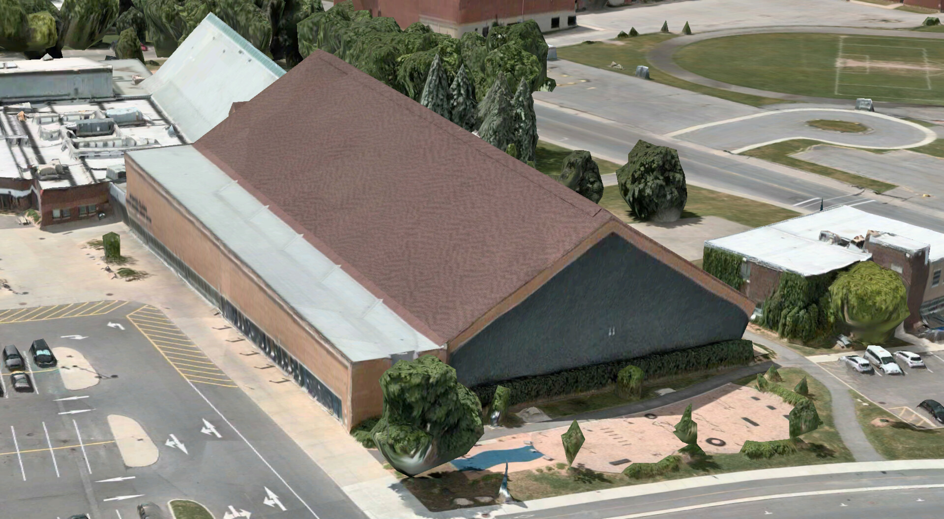 The tent-shaped building housing the main pool at the Pointe-Claire Aquatic Centre