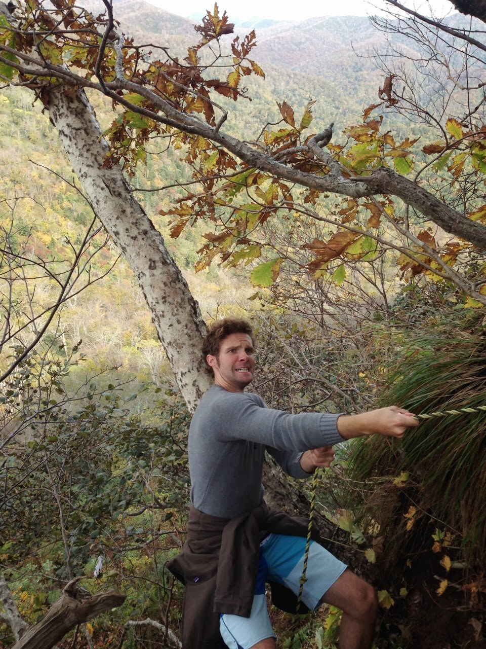 Me, hamming it up while pulling myself up a thin rope amid some trees and changing leaves on the side of the mountain