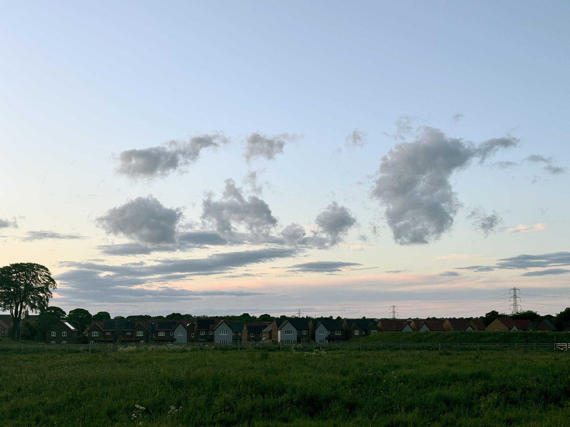 A row of houses seen across a green field at dusk, with scattered clouds in a pale blue and pink sky and an electricity pylon on the right.