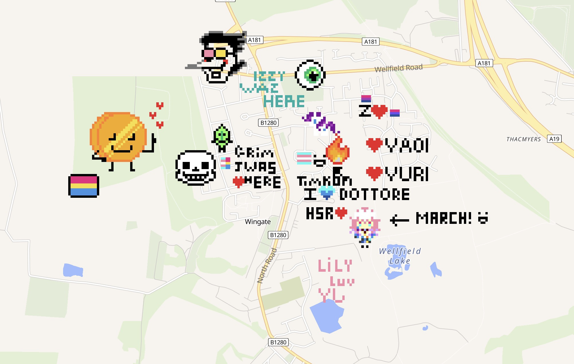 A colorful map with pixel art, featuring various messages like "IZZY WAS HERE," "PRIM J WAS HERE," and hearts. Includes a rainbow flag and icons representing love for "YAOI" and "YURI."
