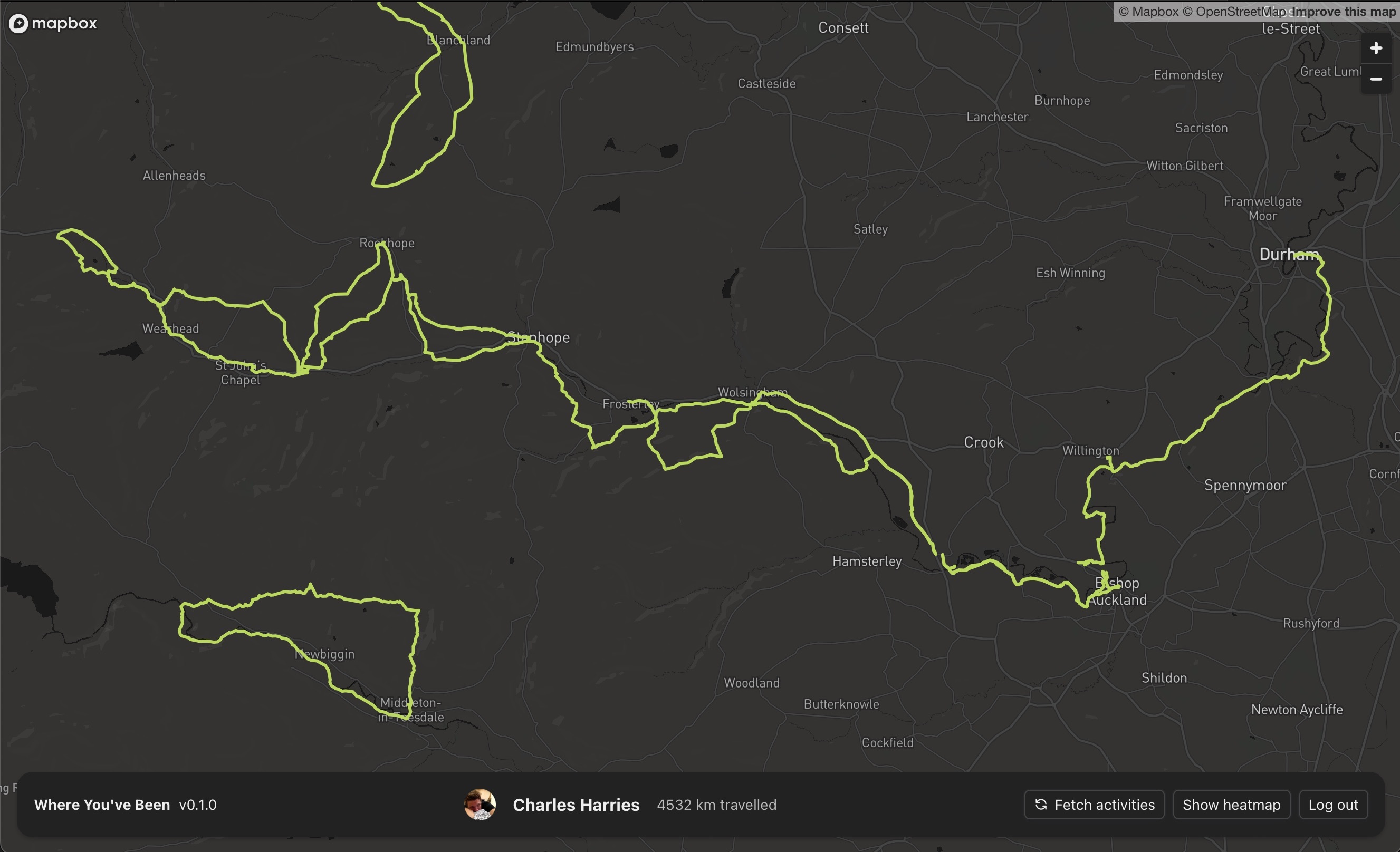 What we've done of the Weardale Way, from Killhope to Durham