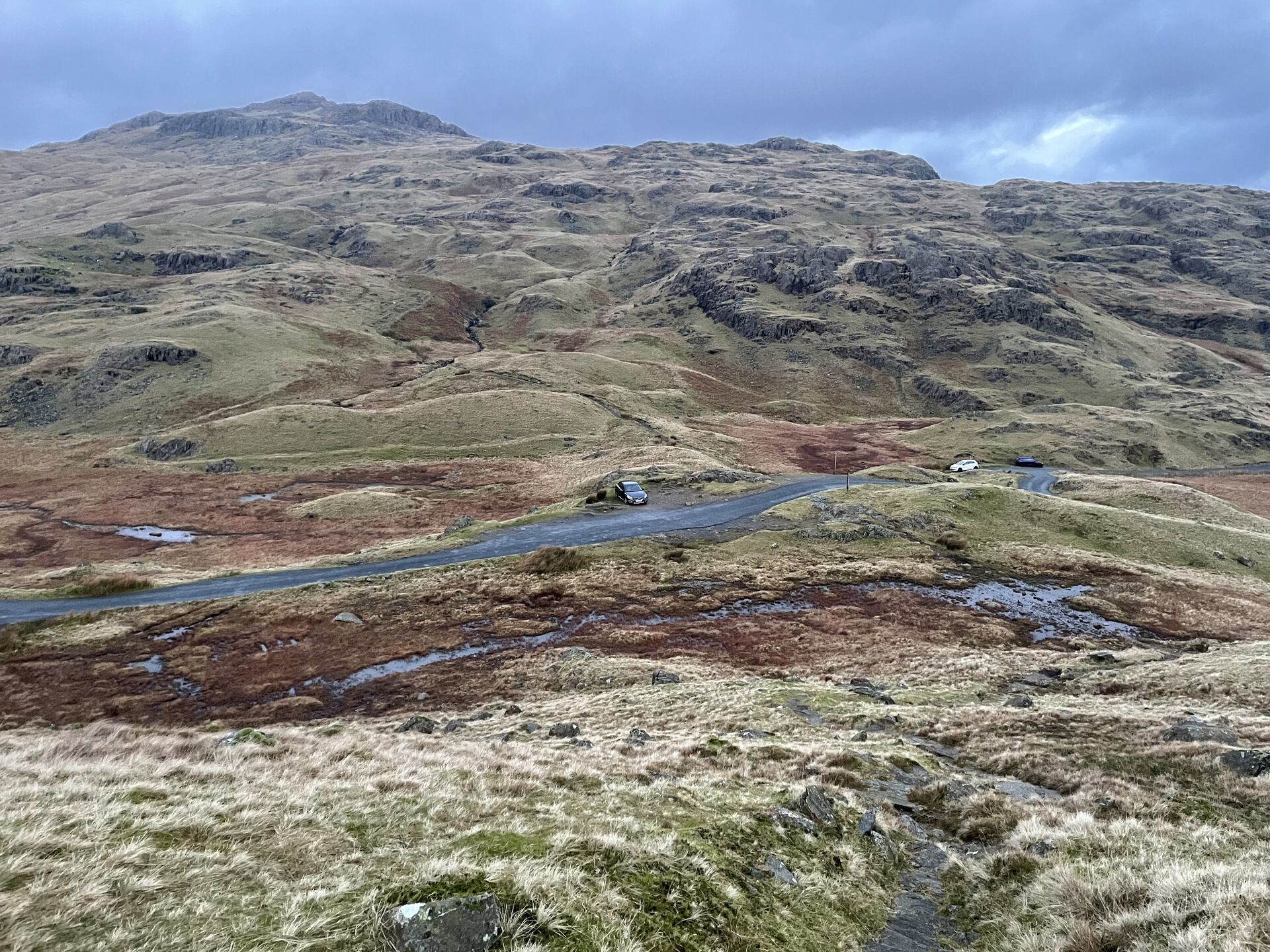 The Volvo in the little car park at Wrynose Pass